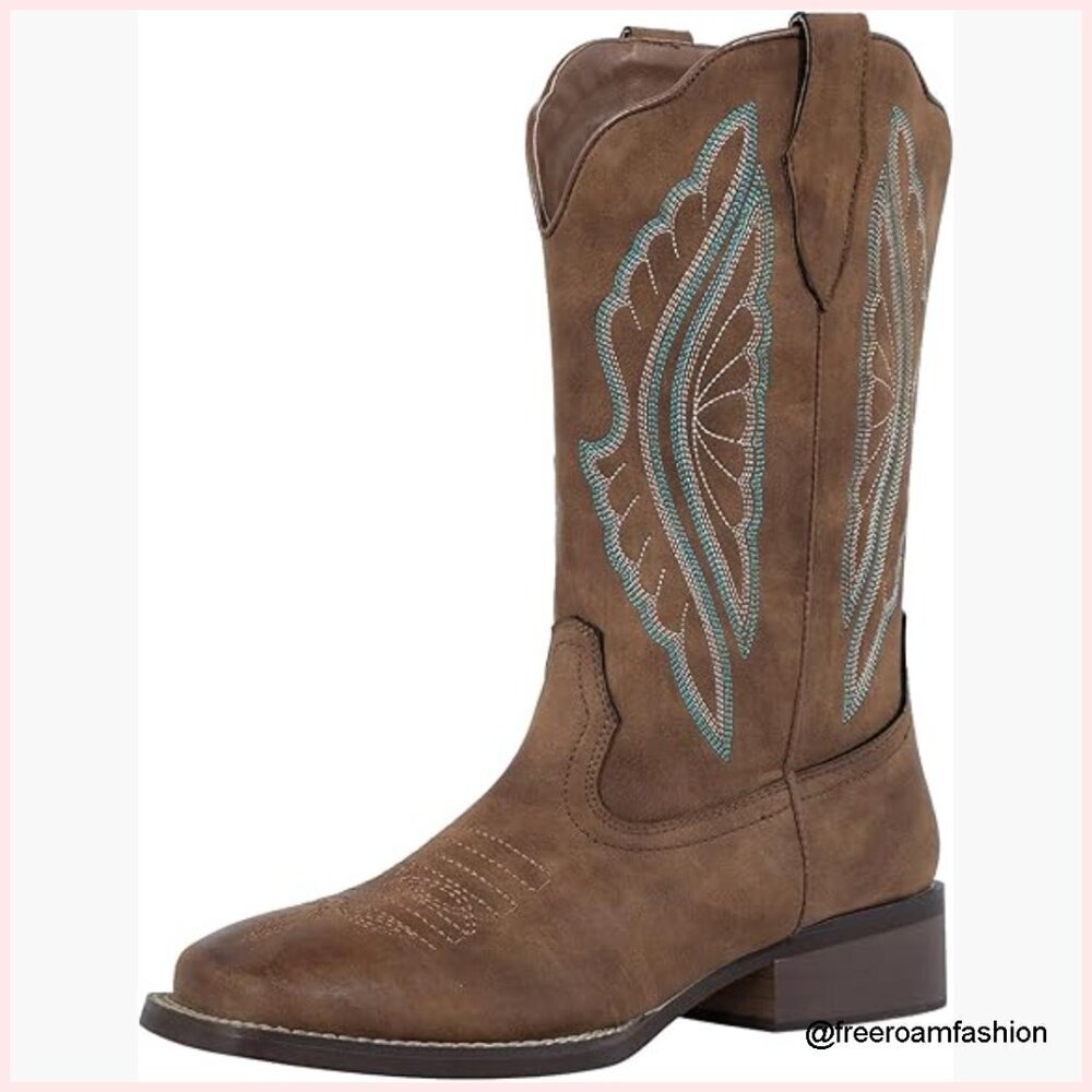 Women's Square Toe Cowboy Boots Wide Calf Western Work Boots Embroidered
